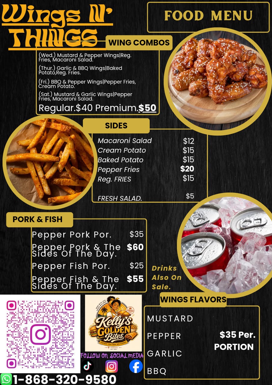 Kelly's Golden Bites full food menu with wing combos, sides, pork, fish and wing flavours